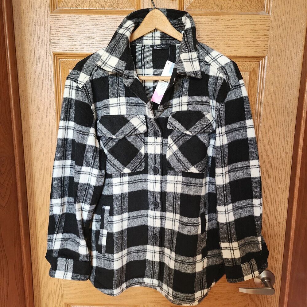 Member's Mark Women's Size Small Button Front Black & White Plaid Shacket NWT